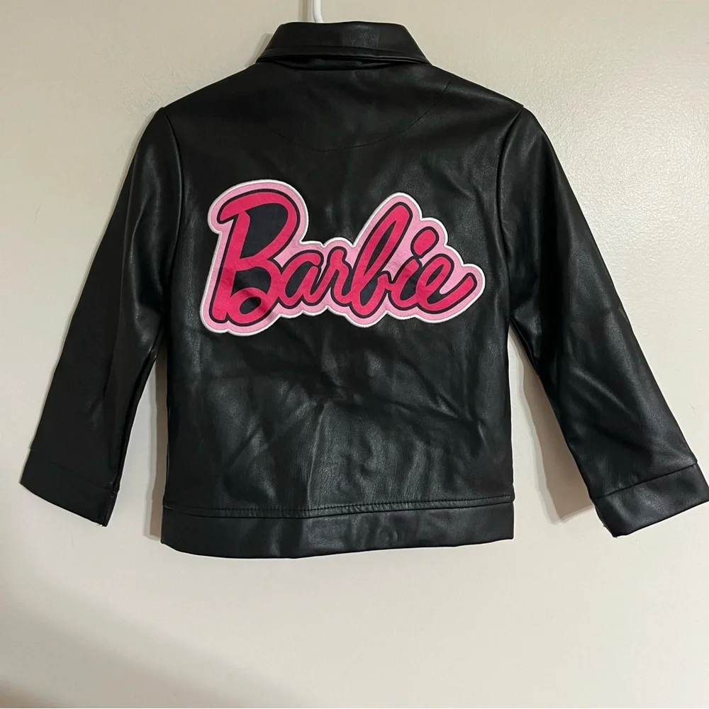 Barbie Girls‎ Black Faux Leather Moto Jacket Pink Logo 3T Trucker Coat Mattel